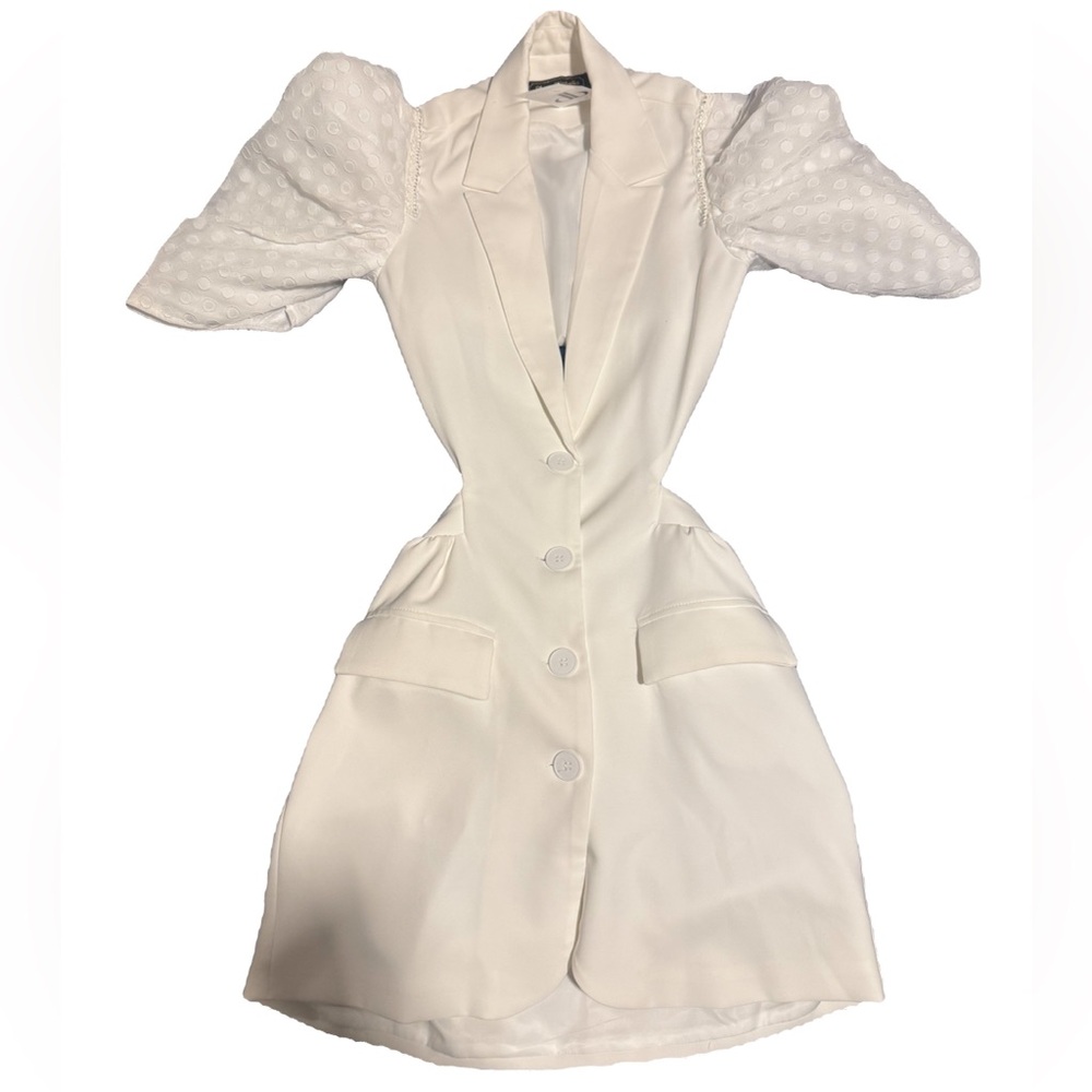 White Puffy Sleeve Button Down Dress